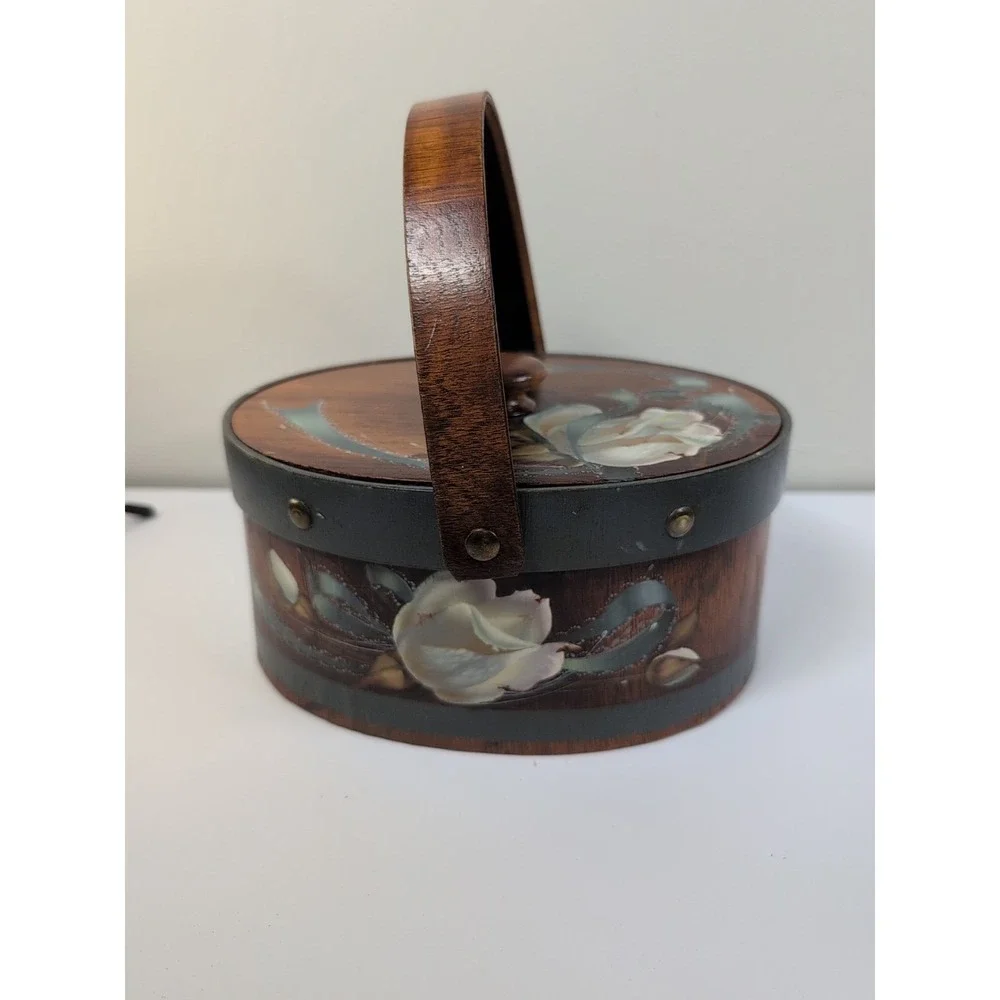 Wooden‎ Wood Handled Bucket Pale Box Floral  With Lid Vintage